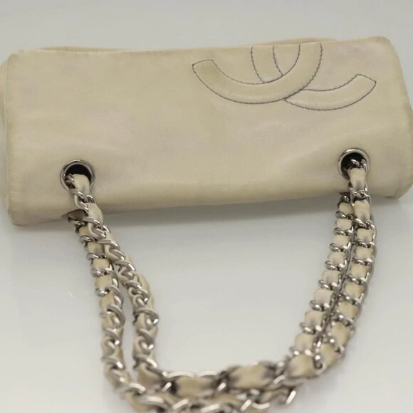 CHANEL Chain Shoulder Bag Lamb Skin Ivory Silver CC Auth 134523 - Picture 7 of 16
